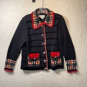 Vintage Jack B Quick Black Cardigan Sweater Plaid Trim Embellished Buttons Small
